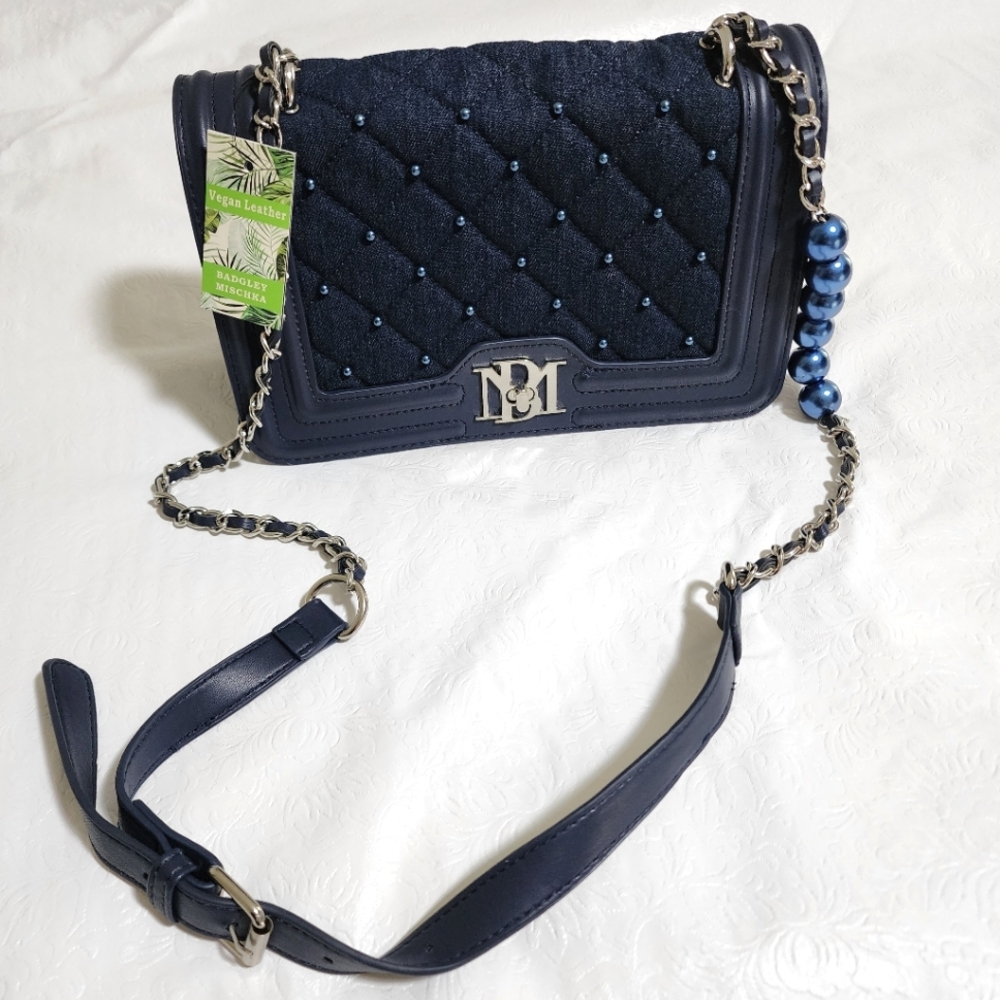 Badgley Mischka Crossbody Denim Diamond Quilted Navy Blue with Faux Pearls NWT